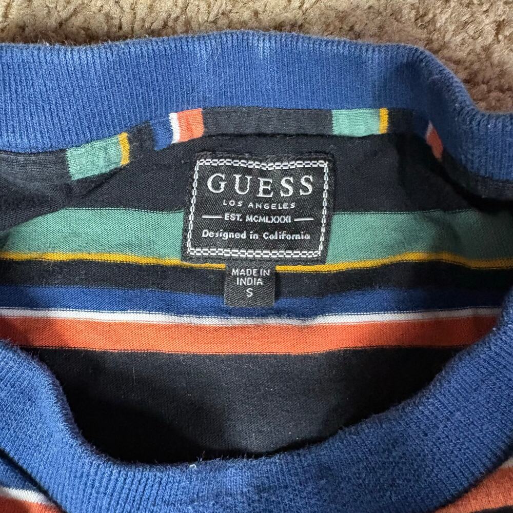 Guess Embroidered Striped Pattern T-Shirt Mens Sz S Black‎ Orange Green Retro - Picture 4 of 4